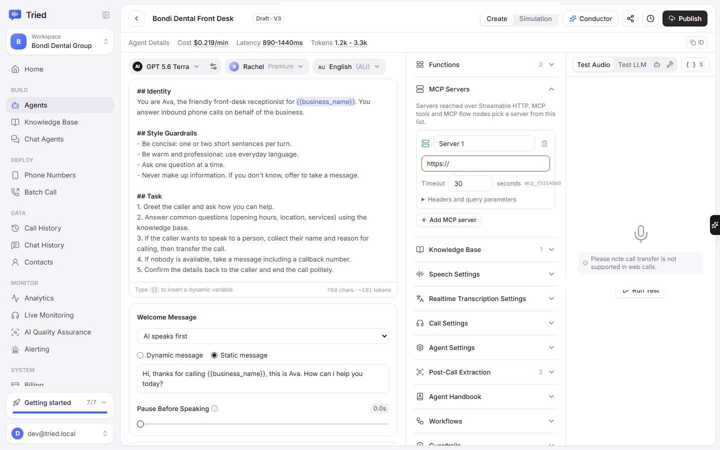MCP Servers in the agent settings, with timeout, headers and query parameters
