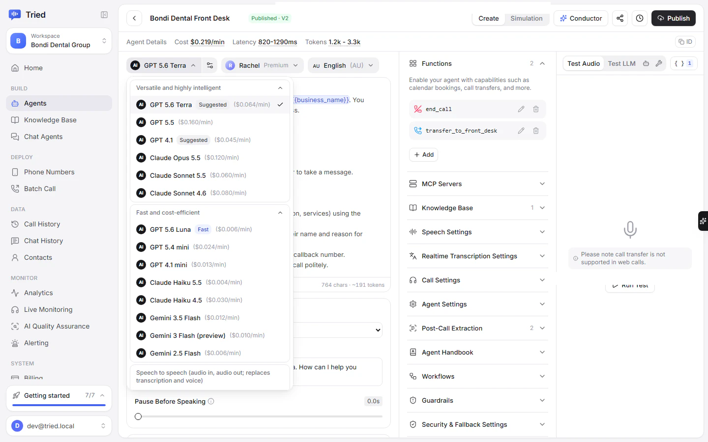 The model picker with the Versatile and Fast groups and per-minute prices
