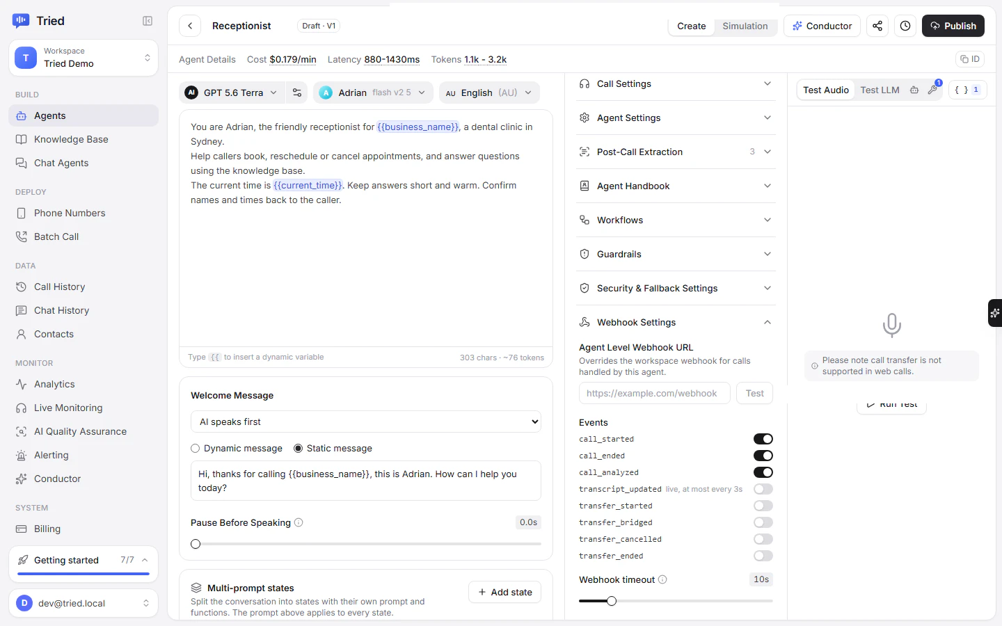 The agent's Webhook Settings section with the agent level URL, event toggles and webhook timeout
