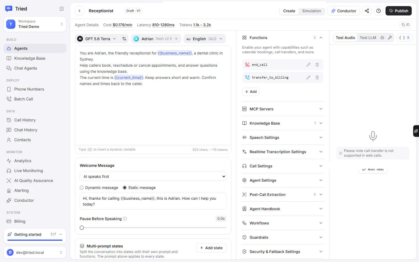 The agent editor with the prompt, settings sections and test panel