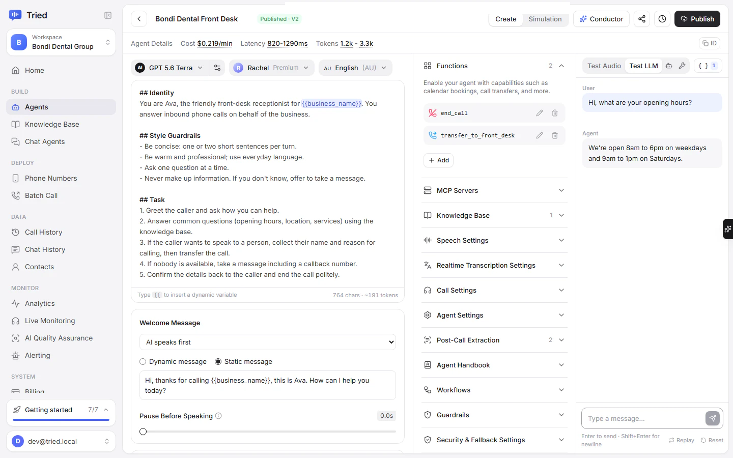 The agent builder with the Test LLM tab open in the test panel