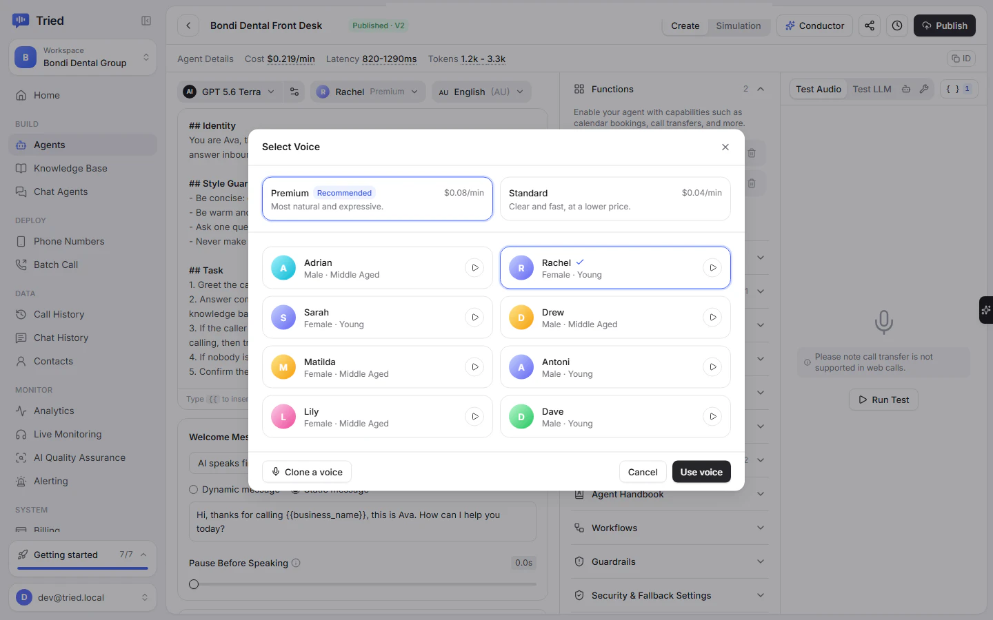 The Select Voice dialog with the Premium and Standard tiers and the voice list