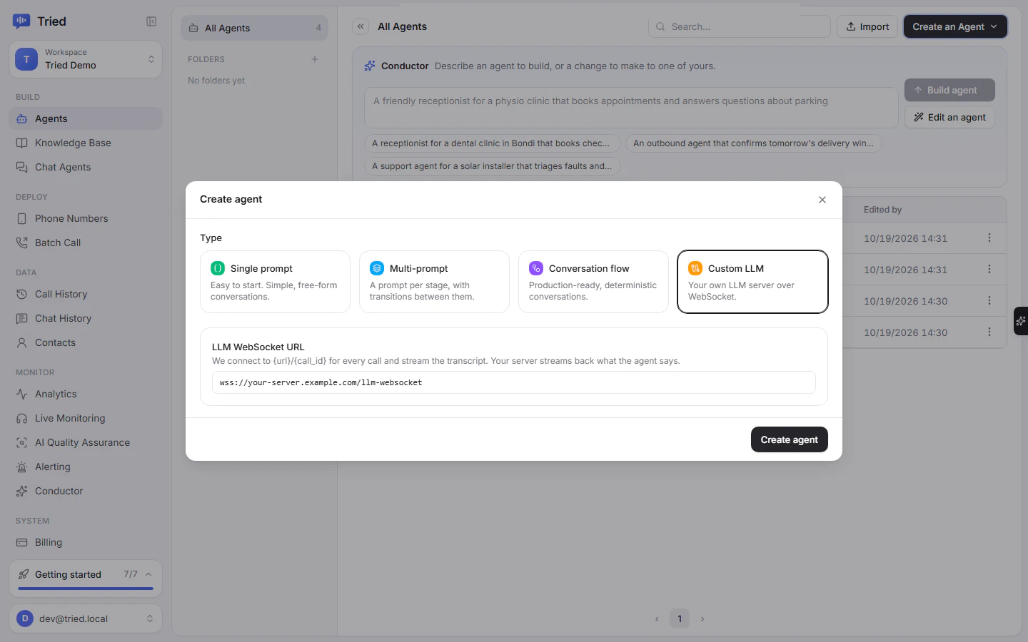 The Custom LLM option with the WebSocket URL field