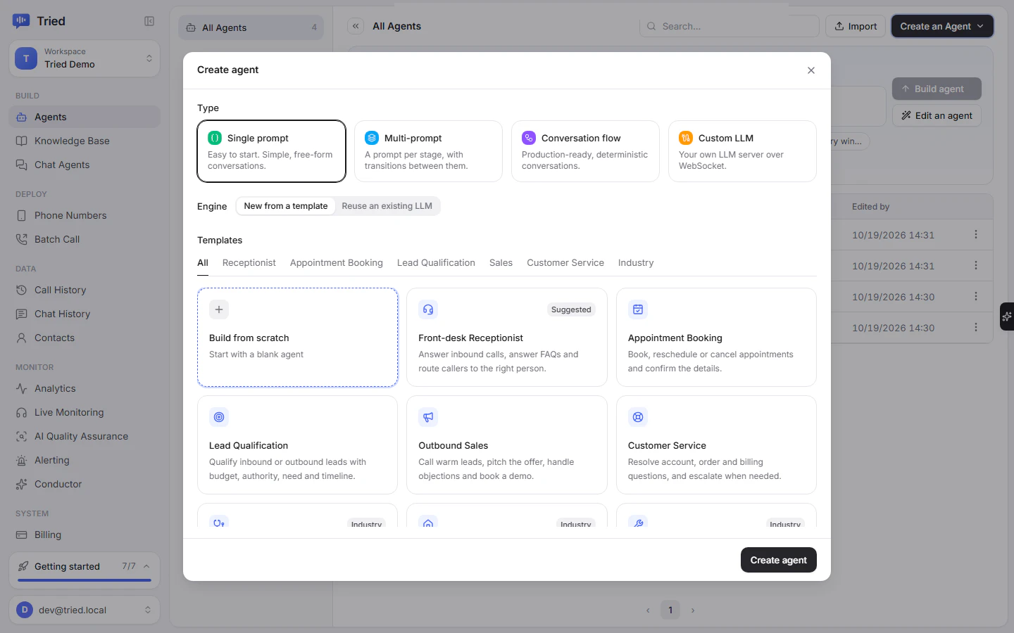The Create agent dialog with the four agent types and the template gallery