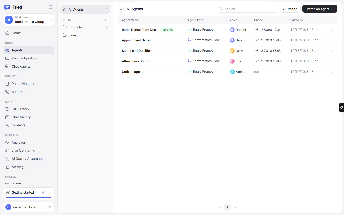 The agents list with folders, search and the Conductor box