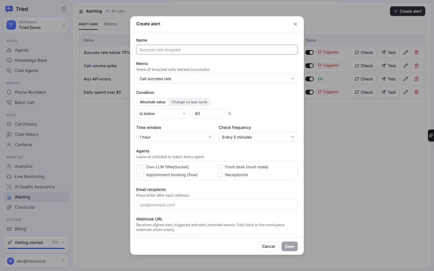 The Create alert dialog
