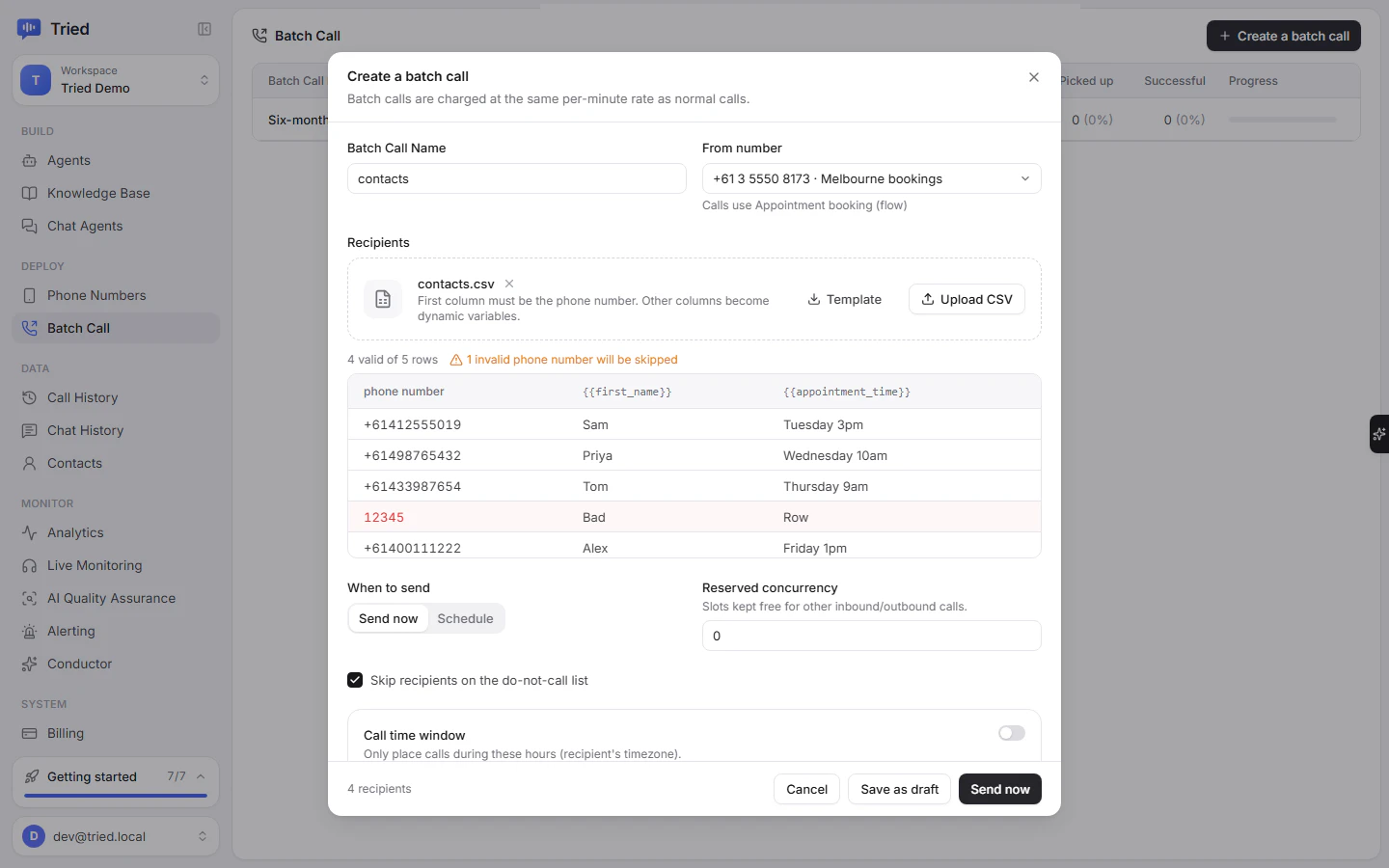 Create a batch call dialog with a CSV preview, one invalid row skipped, and send options