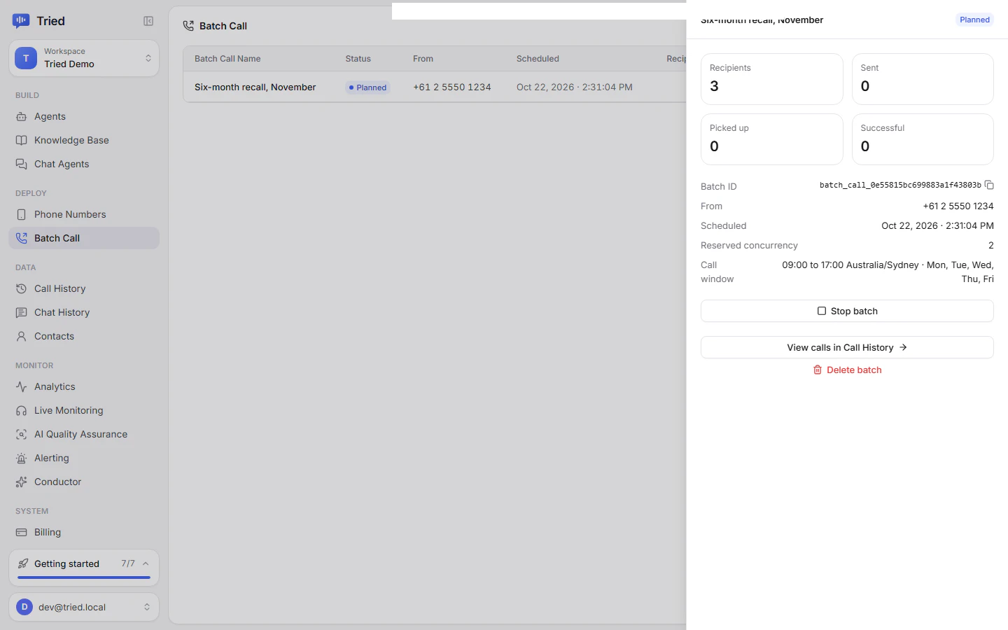 A batch call drawer with counters, schedule details, Stop batch and View calls in Call History