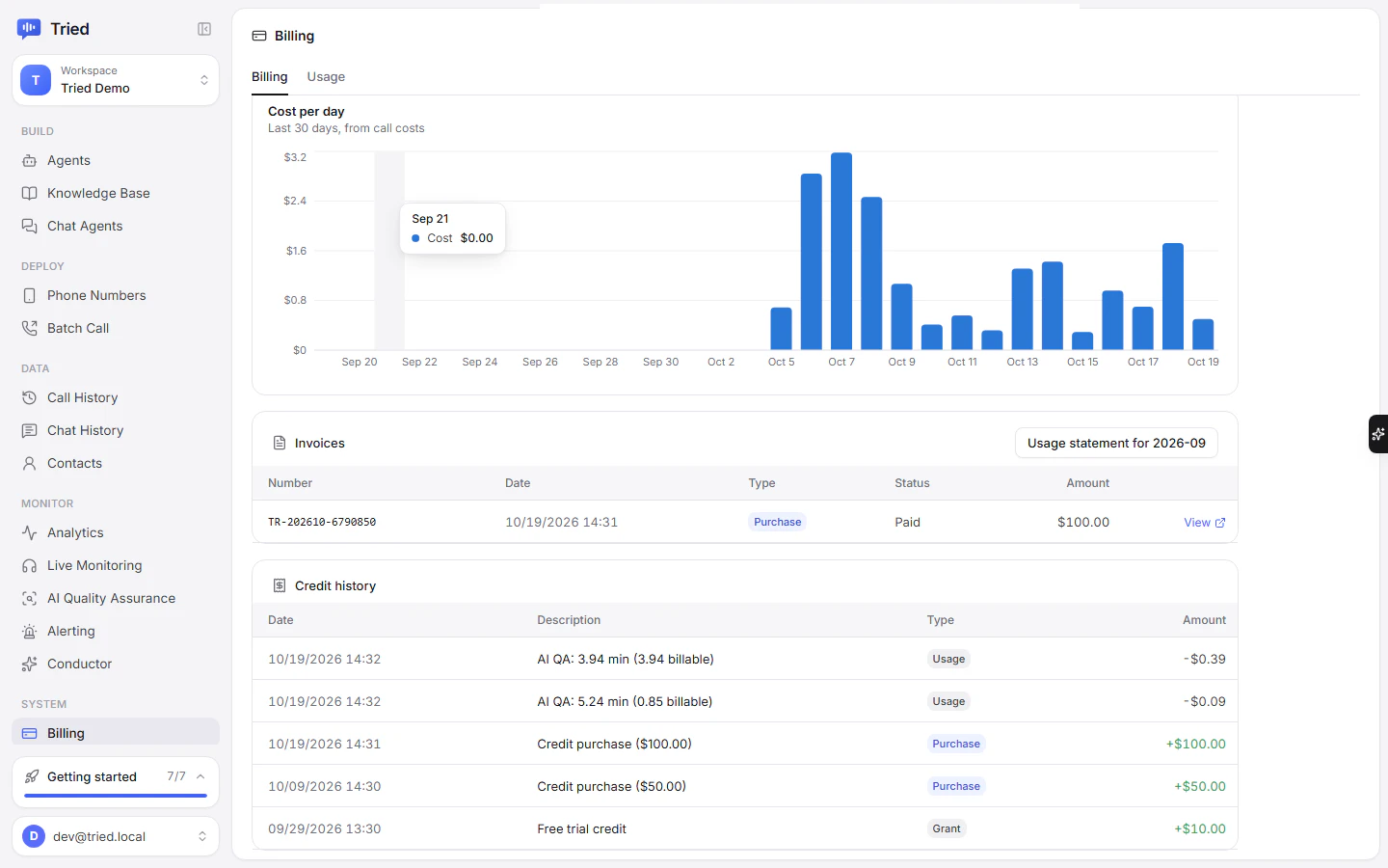 The invoices table: number, date, type, status, amount and a View link