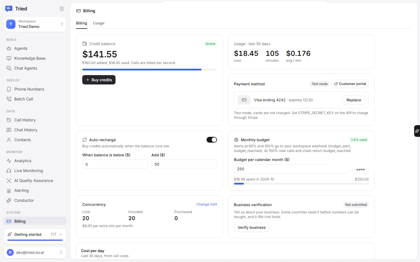 The Billing page: credit balance, usage, payment method, auto-recharge, budget and concurrency