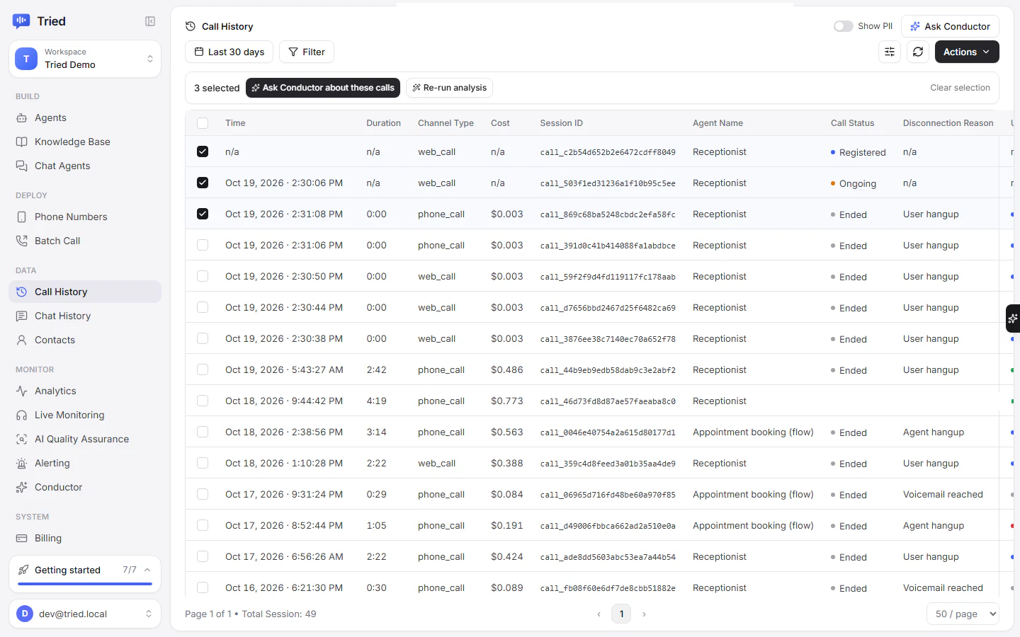 Selecting calls in Call History to hand them to Conductor