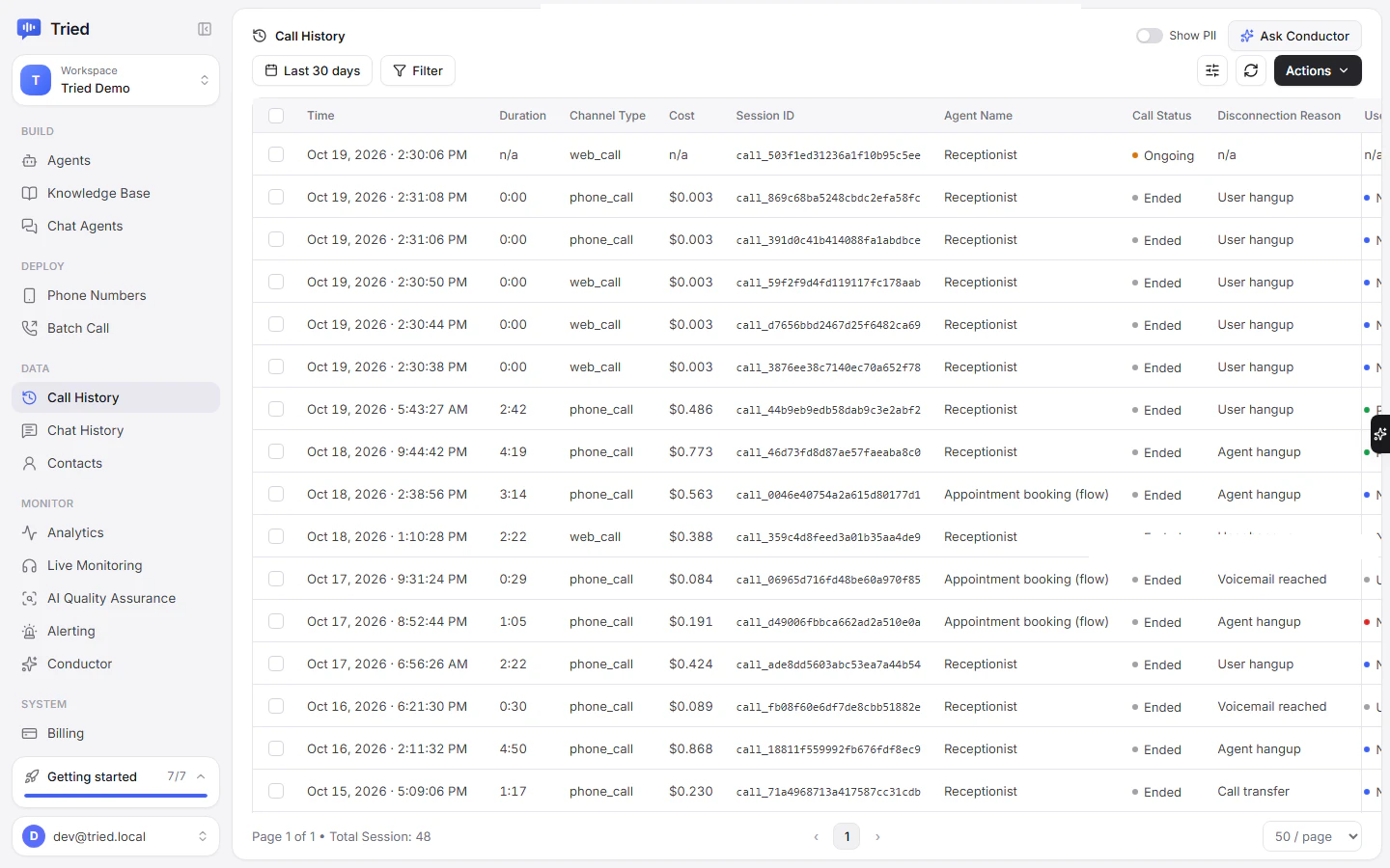 Call History with filters, cost, duration and outcome for each call