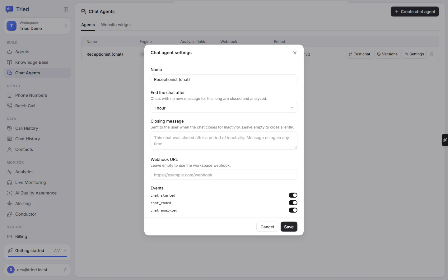 Chat agent settings