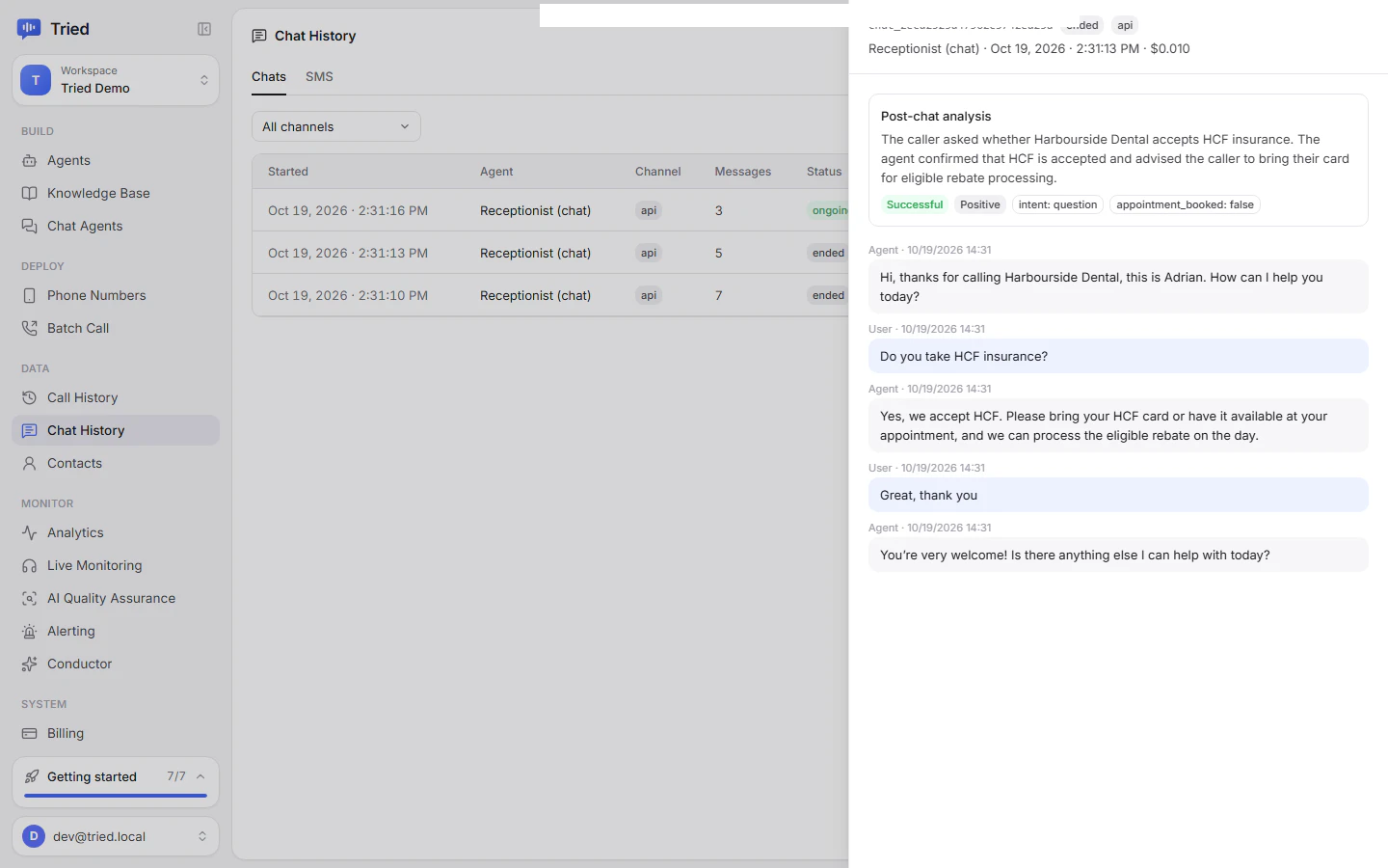 Chat History with the channel filter and a chat open in the drawer with its post-chat analysis
