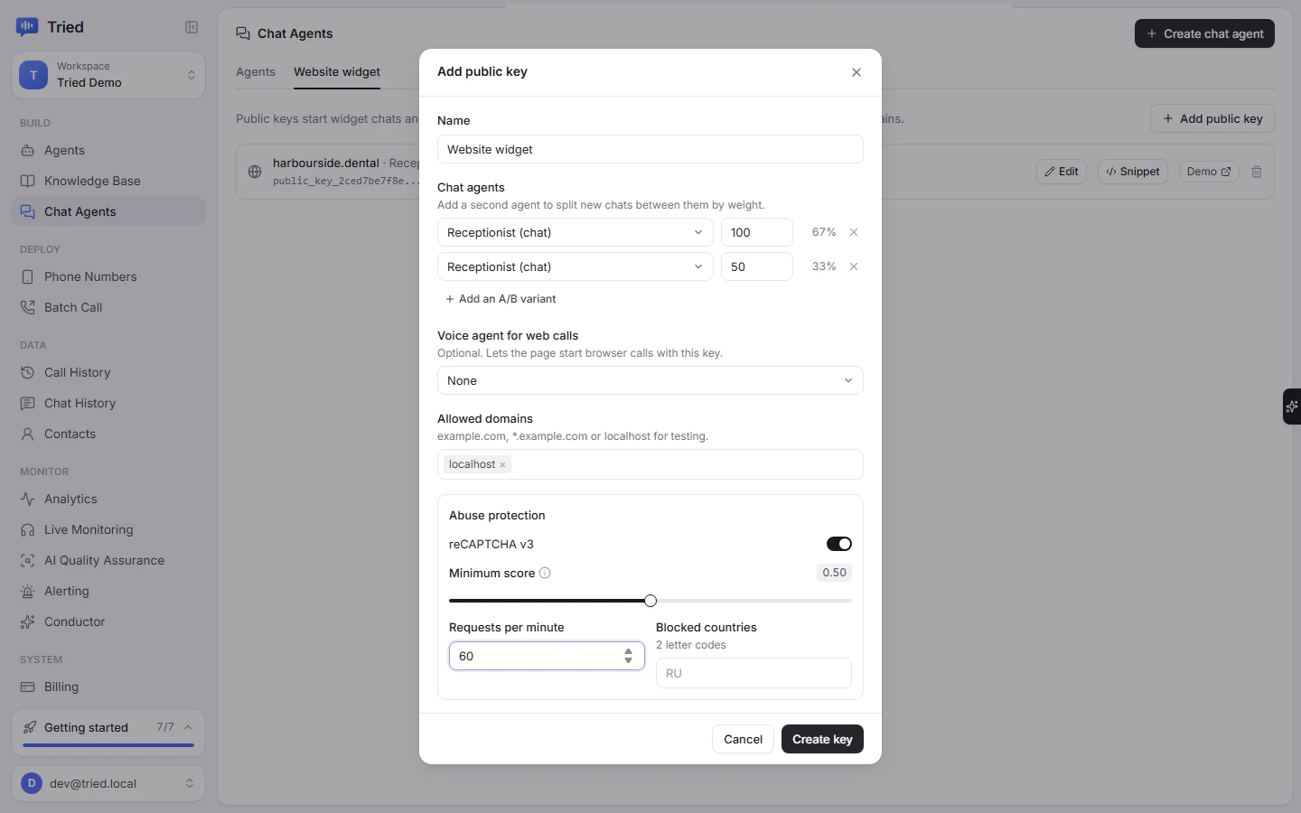 The Add public key dialog with an A/B split across two chat agents, allowed domains and abuse protection