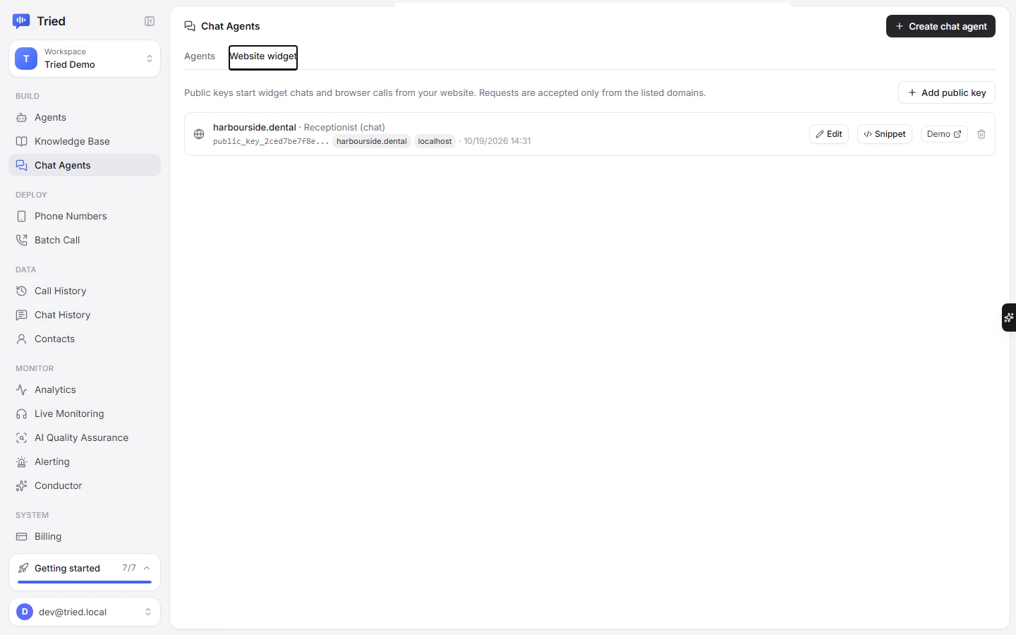 The Website widget tab listing public keys with Edit, Snippet and Demo buttons