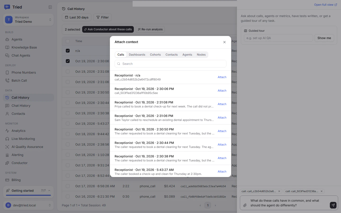 Attach context over Call History, with two calls attached in the side panel