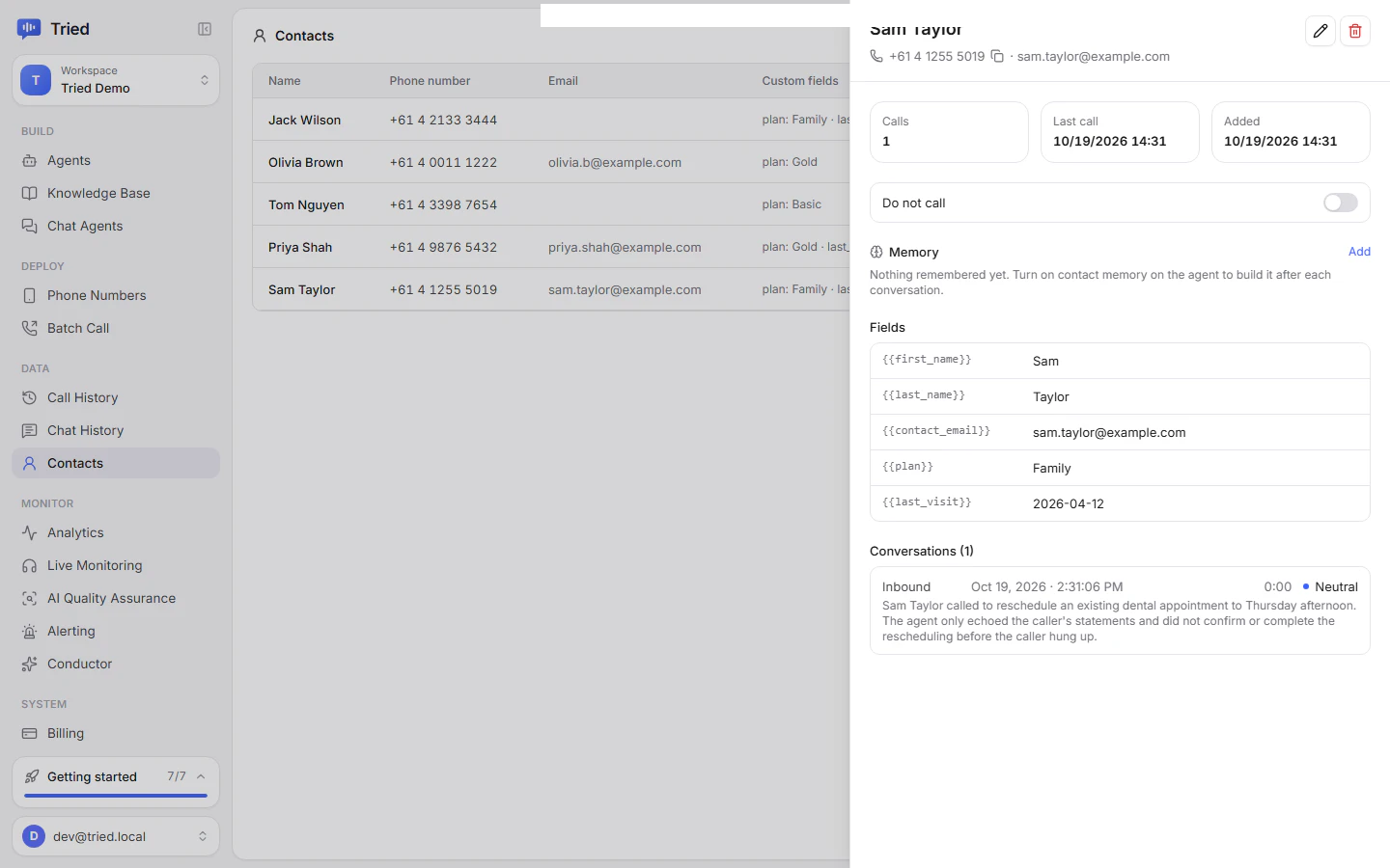 A contact with stats, memory, fields and conversations