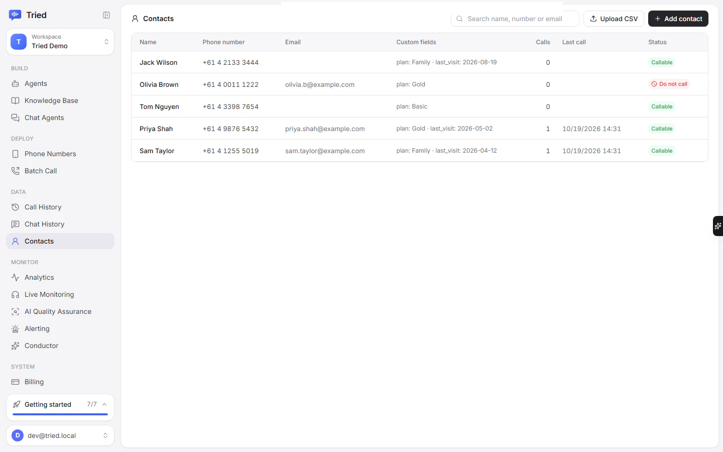 The Contacts list with name, number, email, custom fields, call count and status