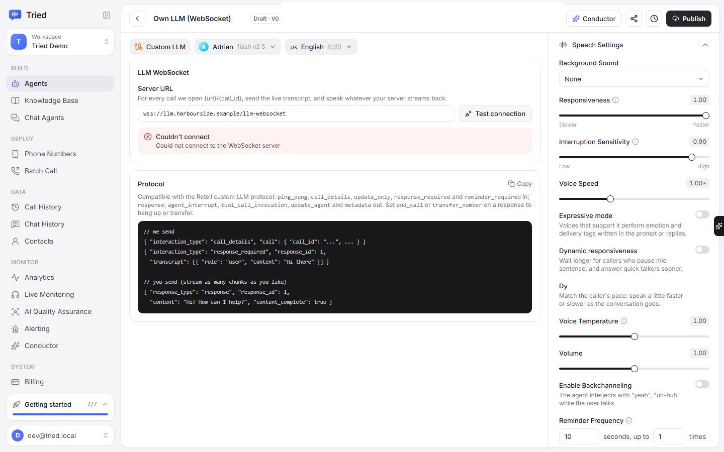 Test connection showing a failed connection under the Server URL field