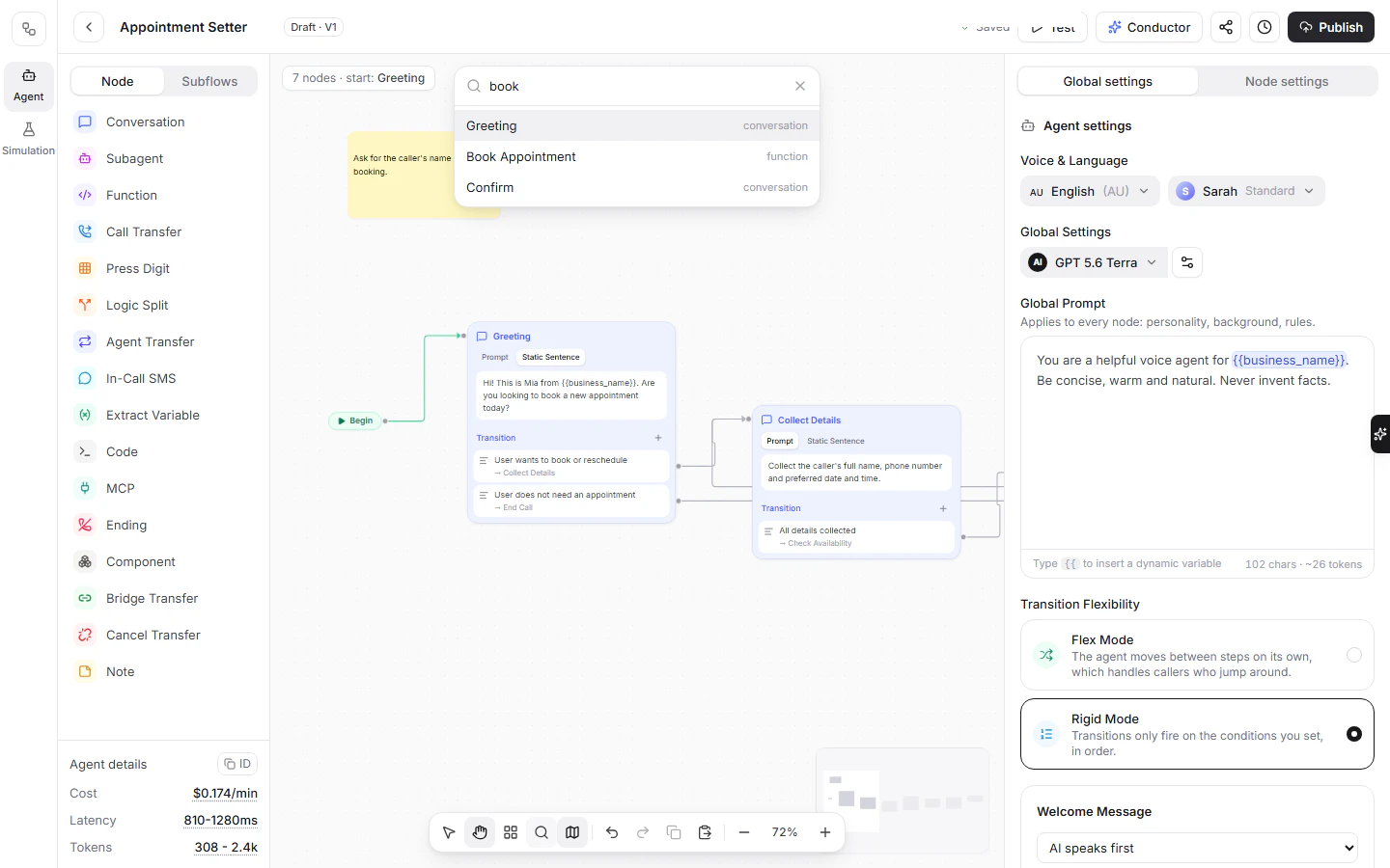 Find node: searching the flow by name, type or prompt text