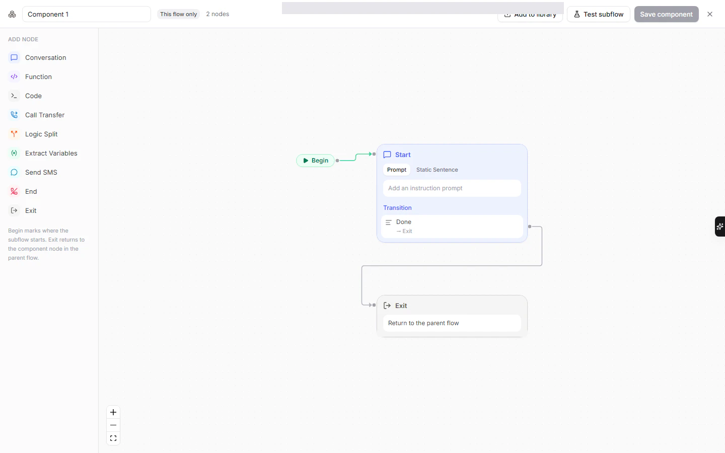 The component editor with a Begin tag, a Start node and an Exit node