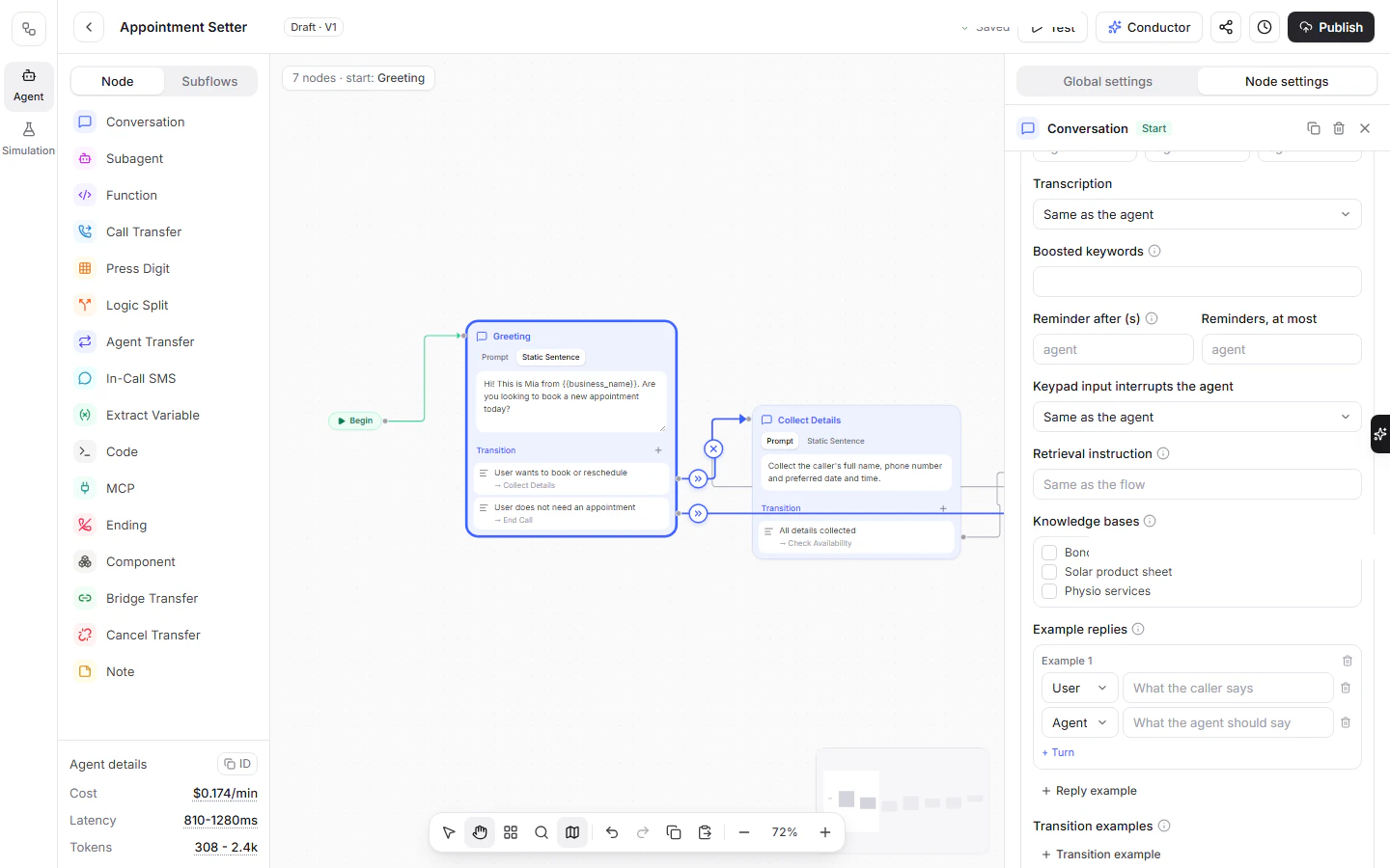 A conversation node's settings with example replies, and the global node section below