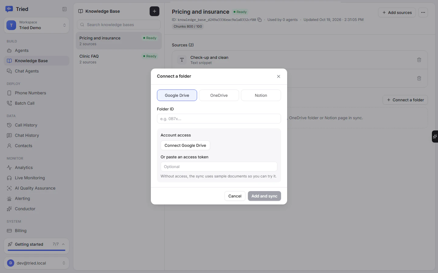Synced sources with a connected Google Drive folder