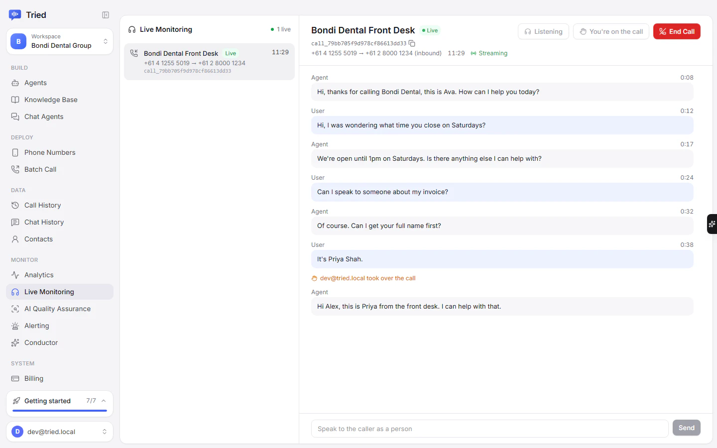 A call taken over from Live Monitoring