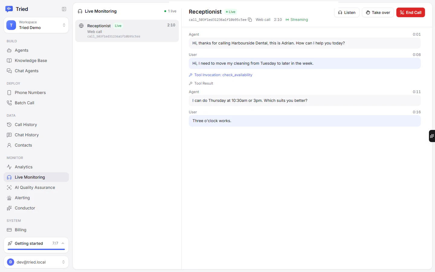 Live Monitoring with the live call list and a streaming transcript