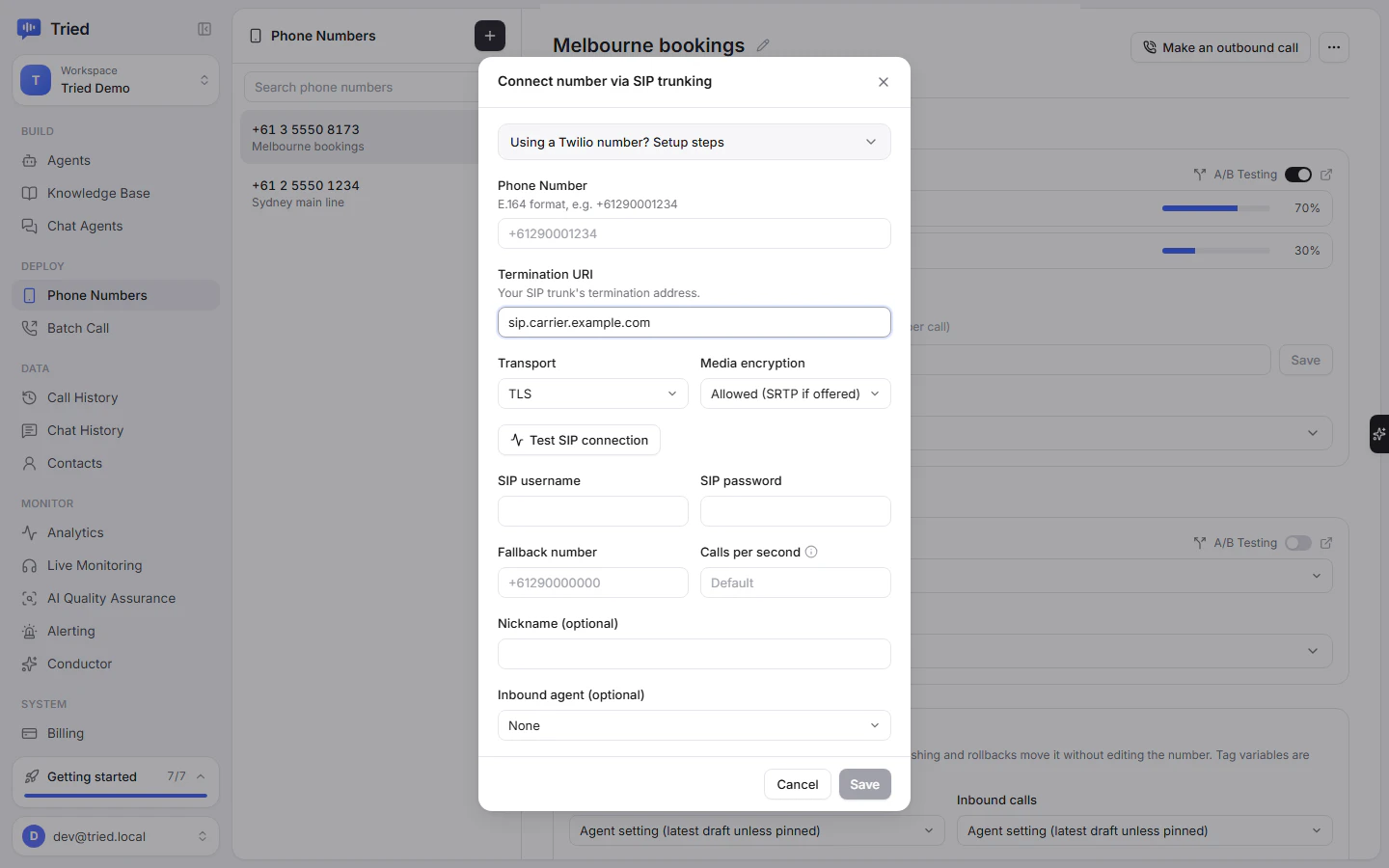 The Connect number via SIP trunking dialog with termination URI, transport, media encryption and credentials