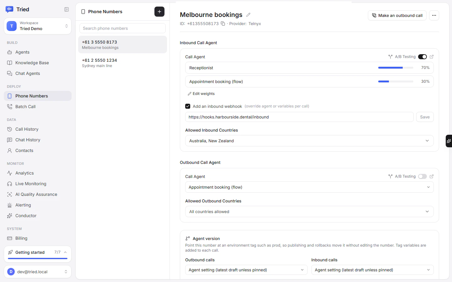 A number with a 70/30 inbound split, an inbound webhook and Australia and New Zealand as allowed inbound countries