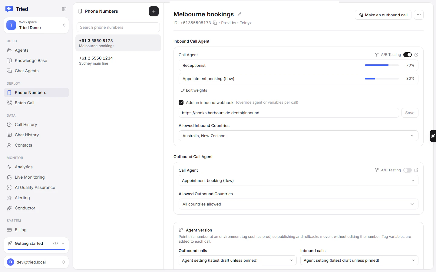 The Phone Numbers page with an inbound A/B split, an inbound webhook and country allow lists