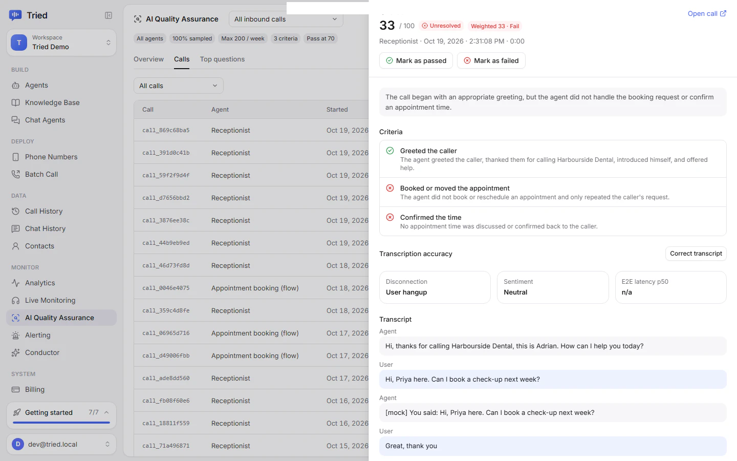 A QA sheet with the verdict, override buttons, the judge summary and criteria results
