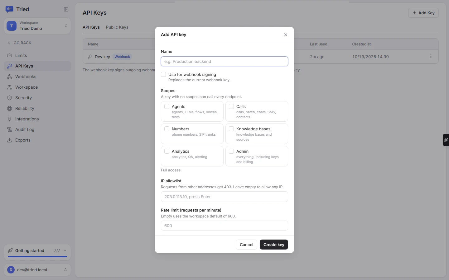 Editing a key's access: scopes, IP allowlist and rate limit