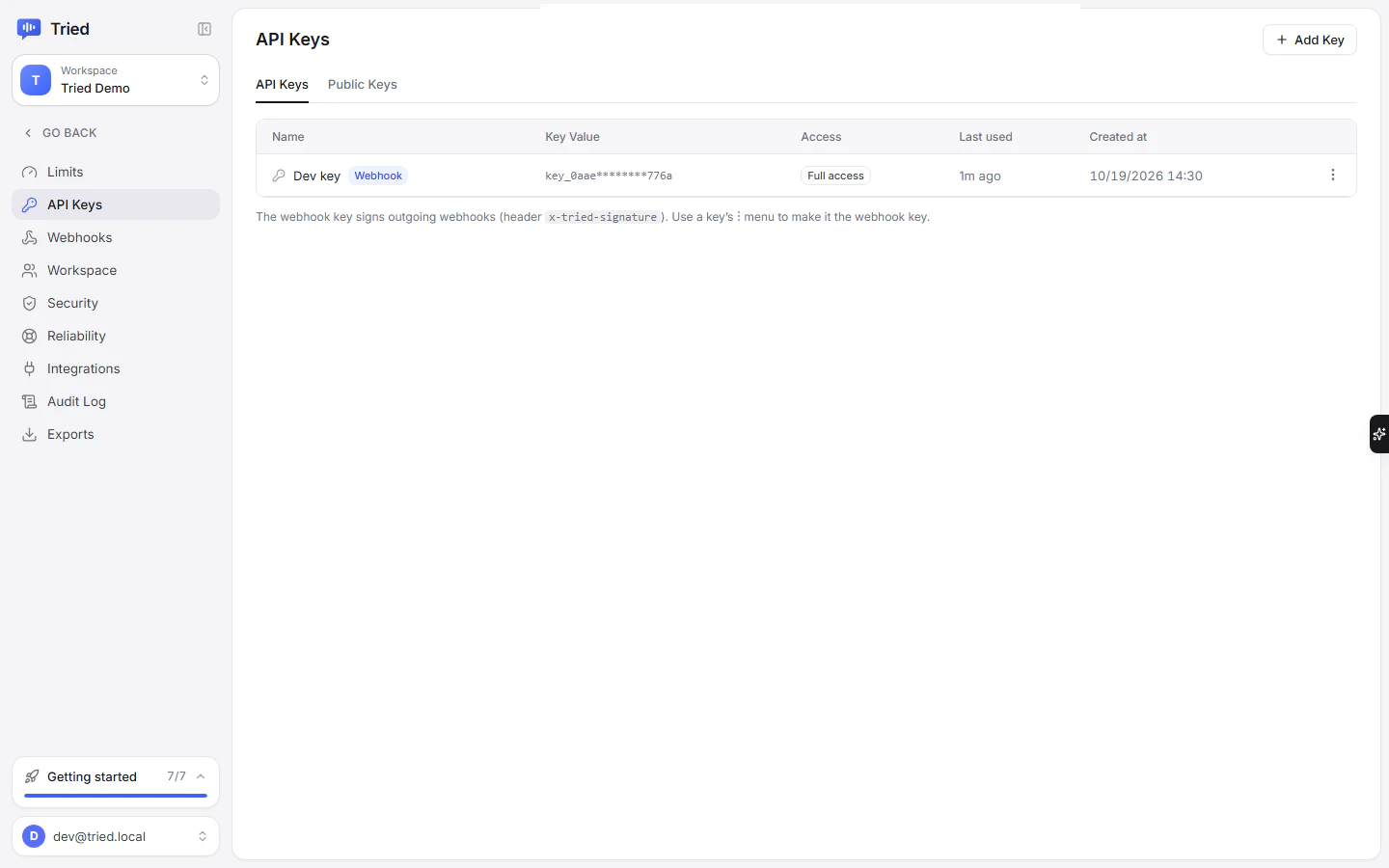 The API Keys page with the Webhook badge on the signing key