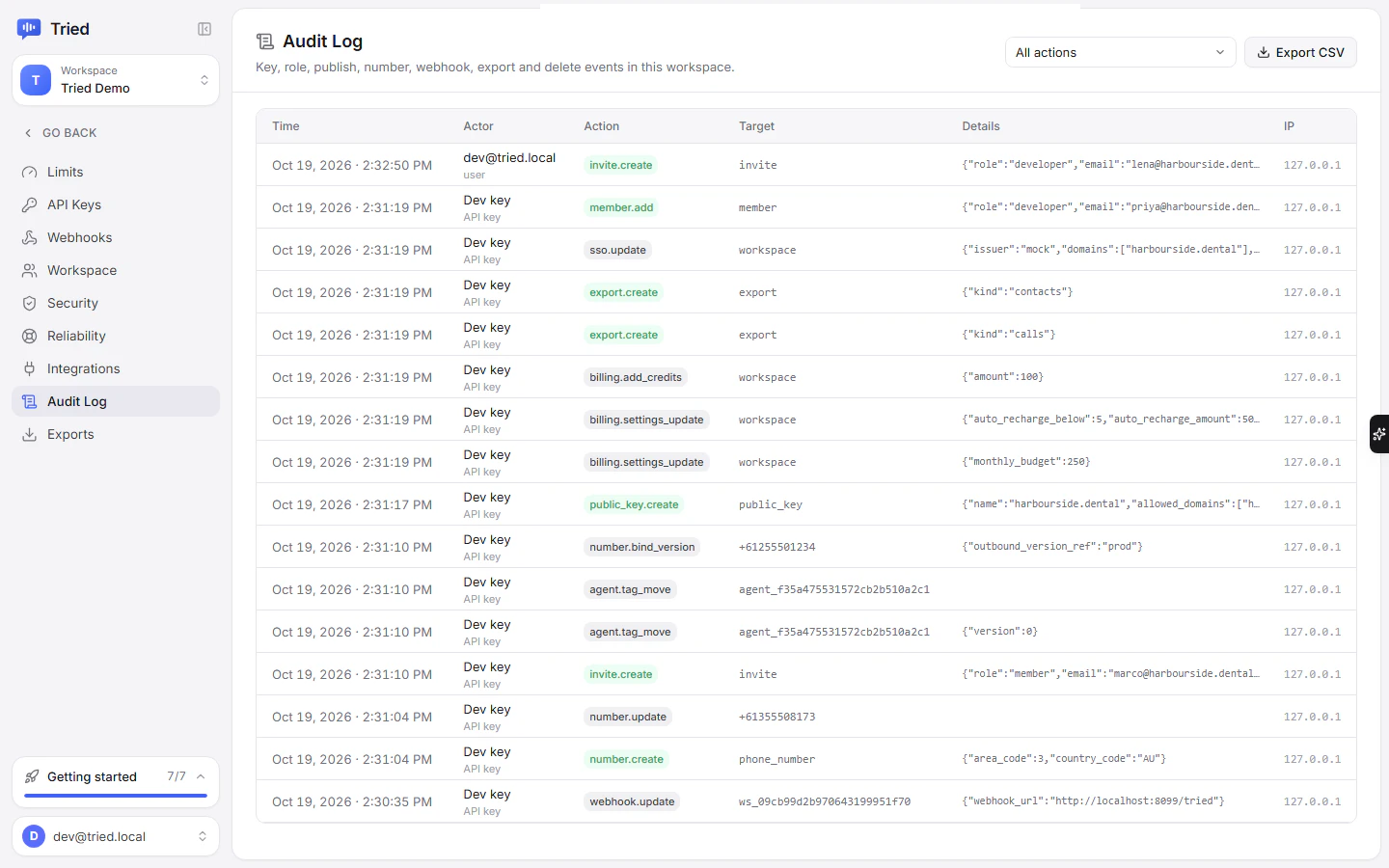 Settings, Audit Log: time, actor, action, target and details
