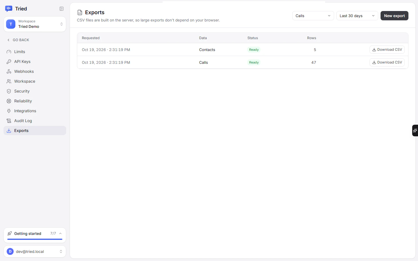 Settings, Exports: export jobs with status, row counts and download links