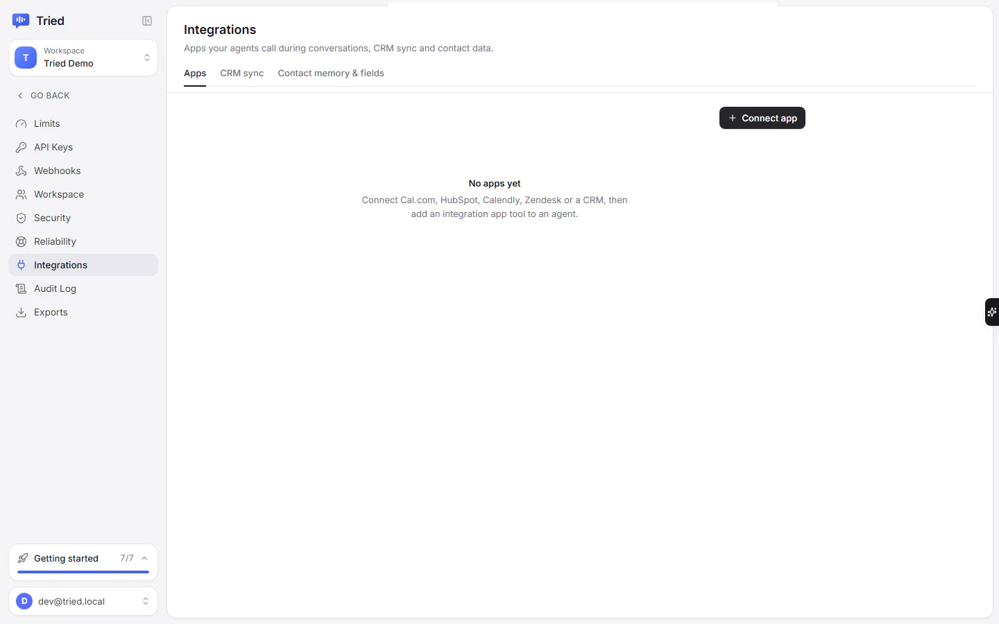 Connected apps under Settings, Integrations, with Mock mode shown for apps without credentials