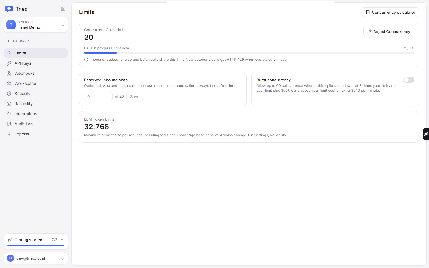 The Limits page with a concurrent calls limit of 20, reserved inbound slots and the burst concurrency toggle