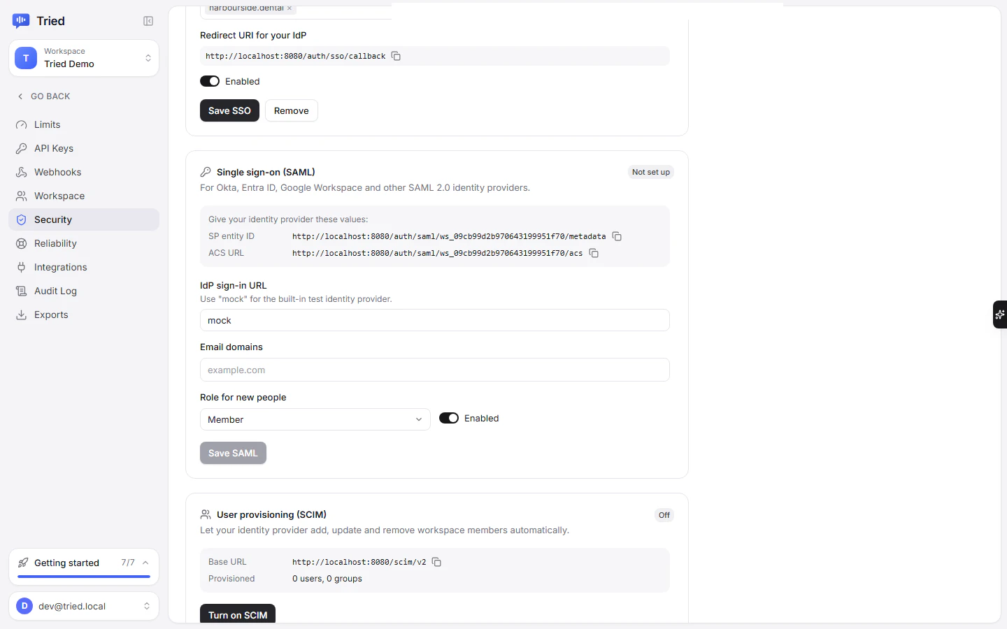 Settings, Security: SAML single sign-on and SCIM provisioning