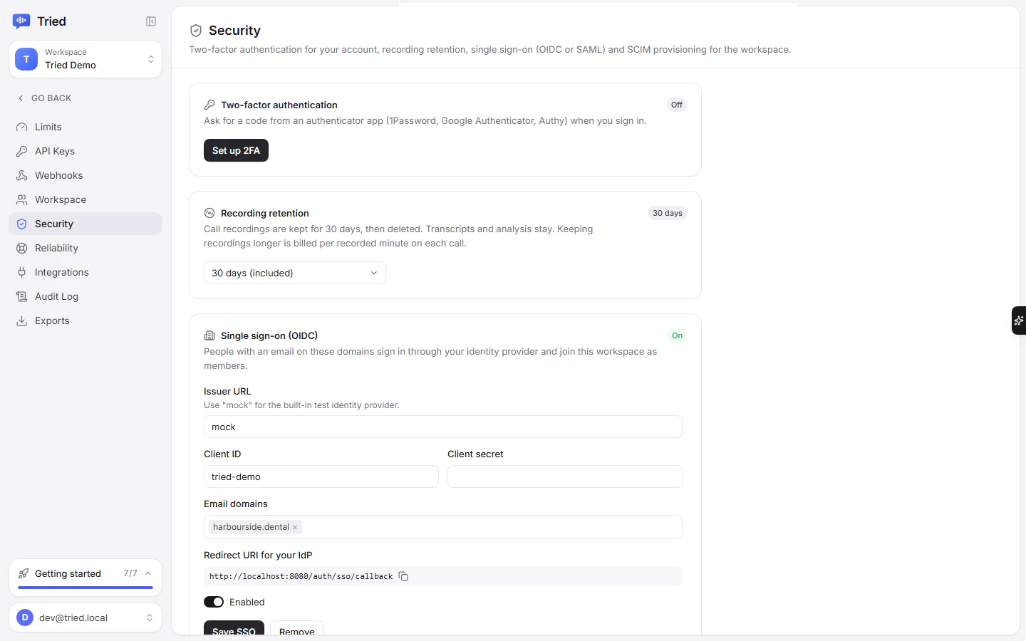 Settings, Security: two-factor authentication and OIDC single sign-on