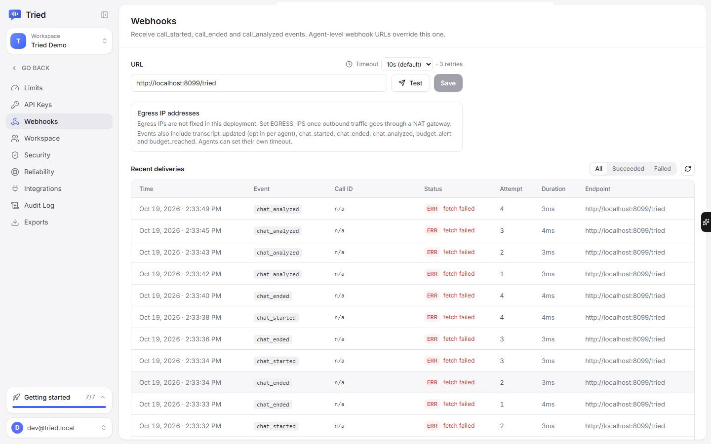 The URL field, Test and Save buttons, and the Timeout selector on the Webhooks page