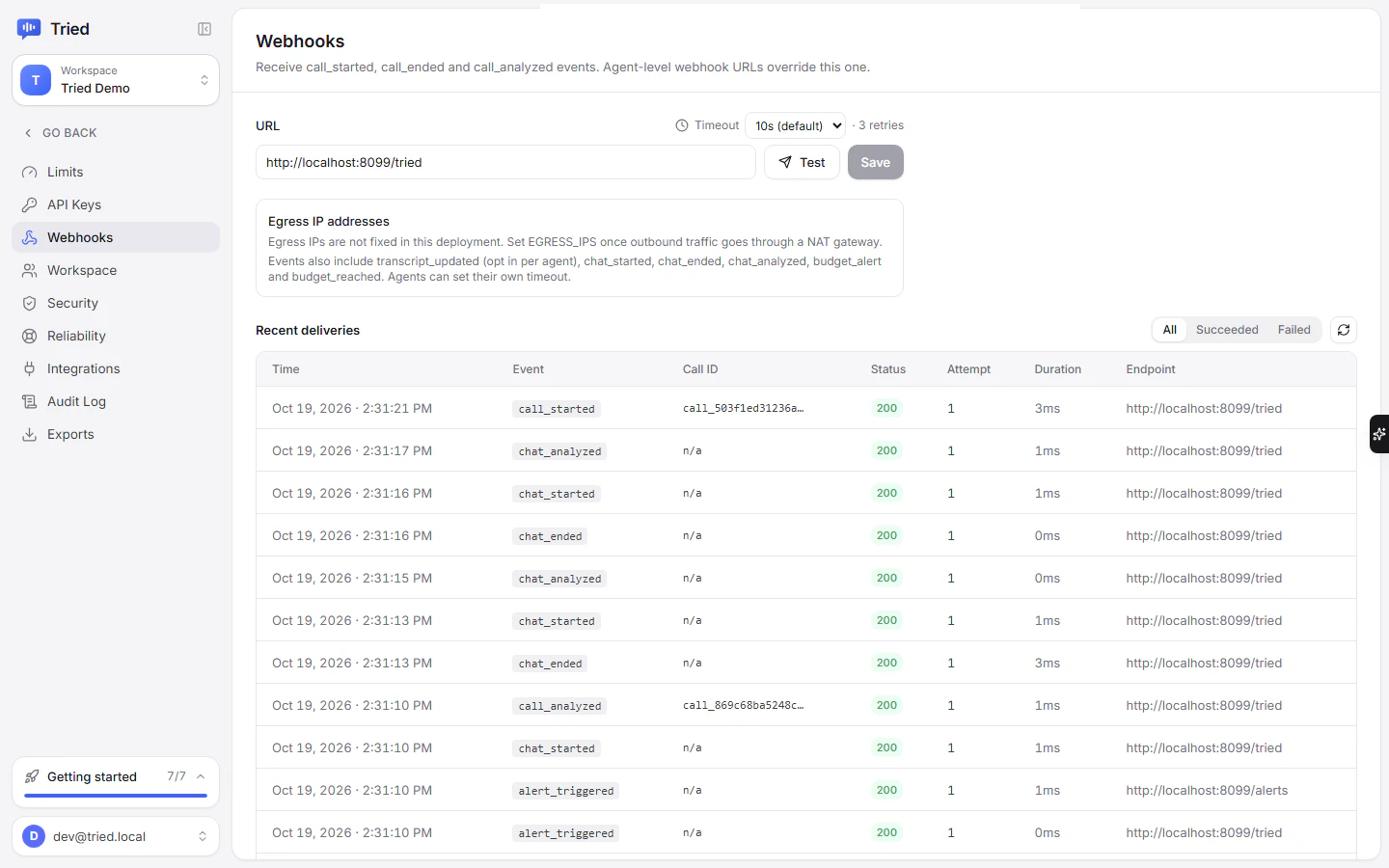 The Webhooks settings page with the account URL, timeout, egress IPs and recent deliveries