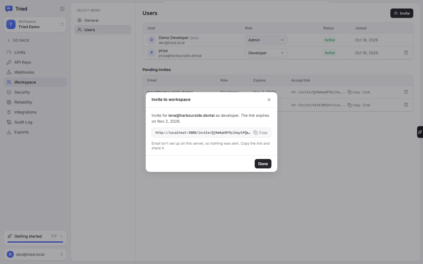 The Invite to workspace dialog with email and role