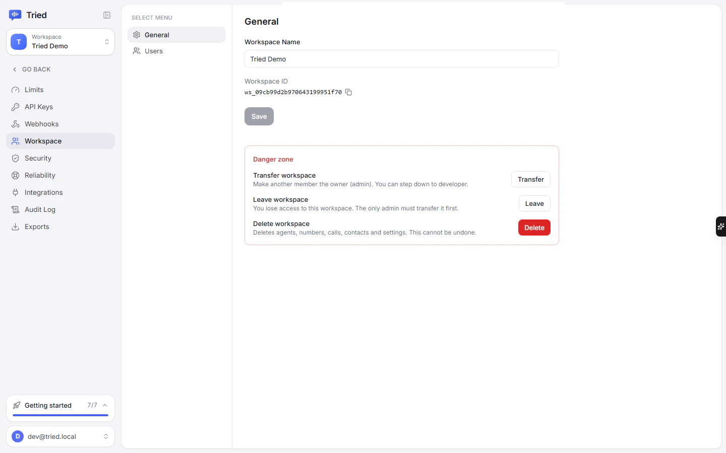 Settings, Workspace: the General section with name and workspace ID, and the Users list