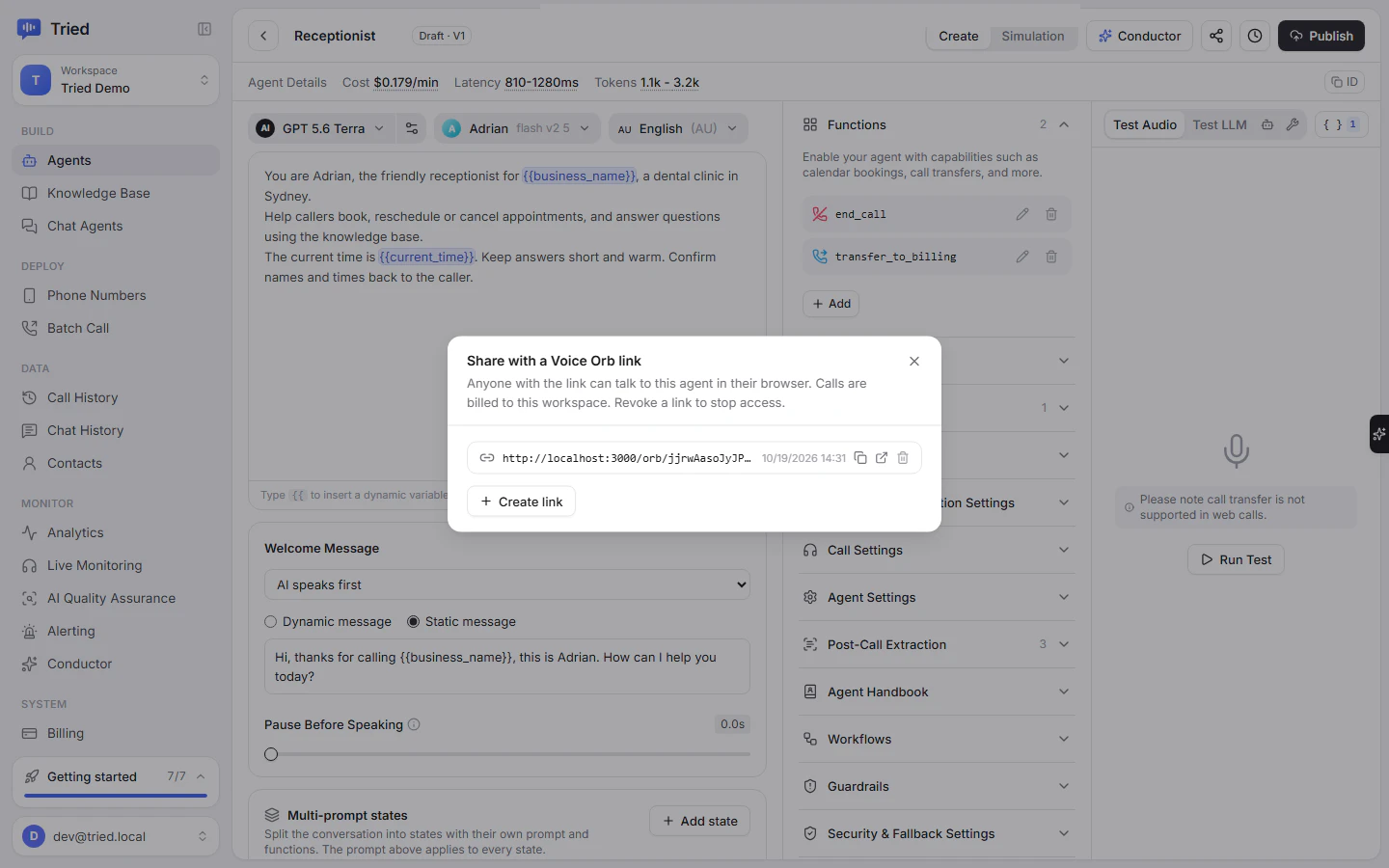 The Share with a Voice Orb link dialog in the agent builder