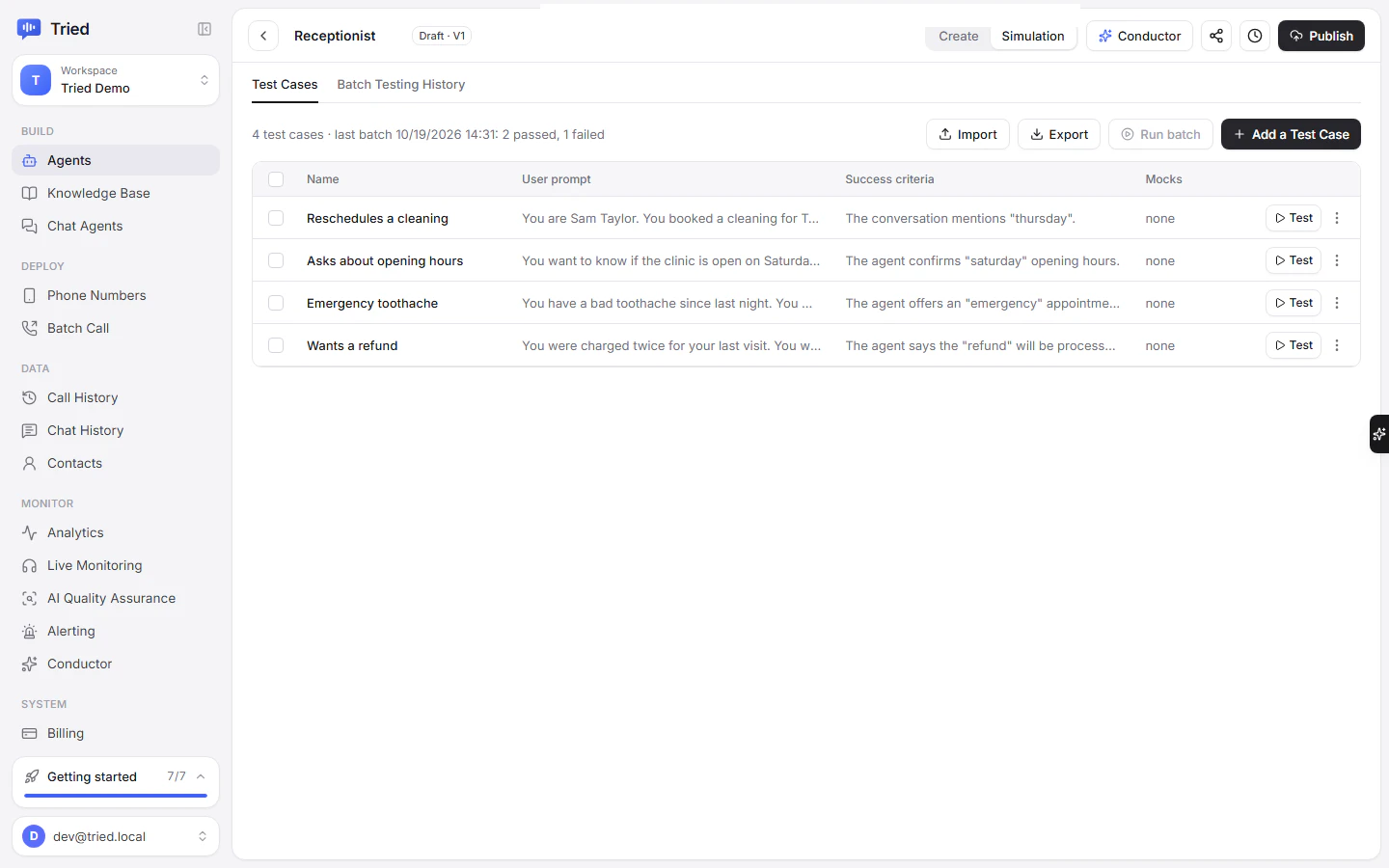 The Simulation view with four test cases, Import, Export, Run batch and Add a Test Case