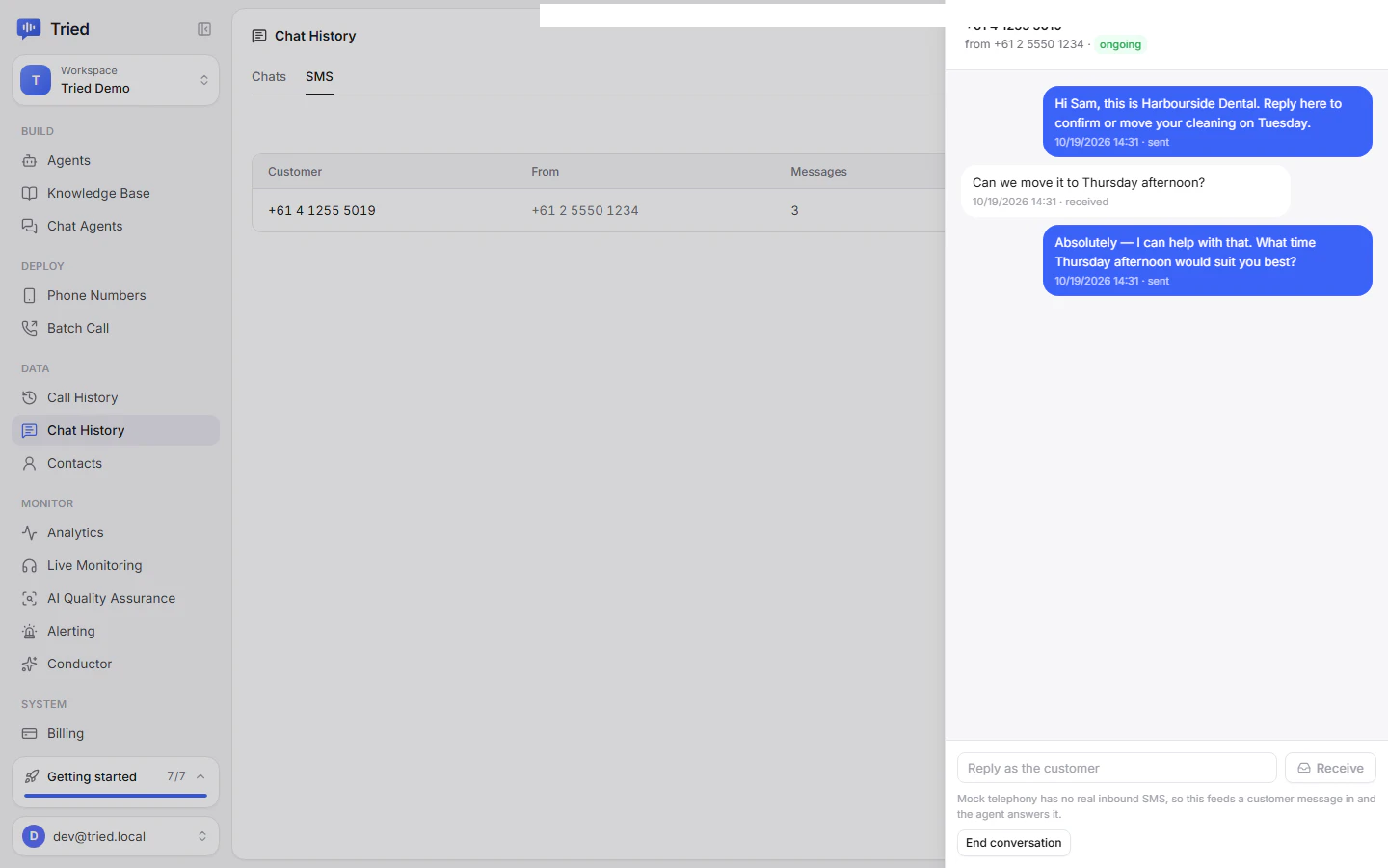 An SMS conversation in Chat History with the agent's replies and the Receive box for simulating a customer reply