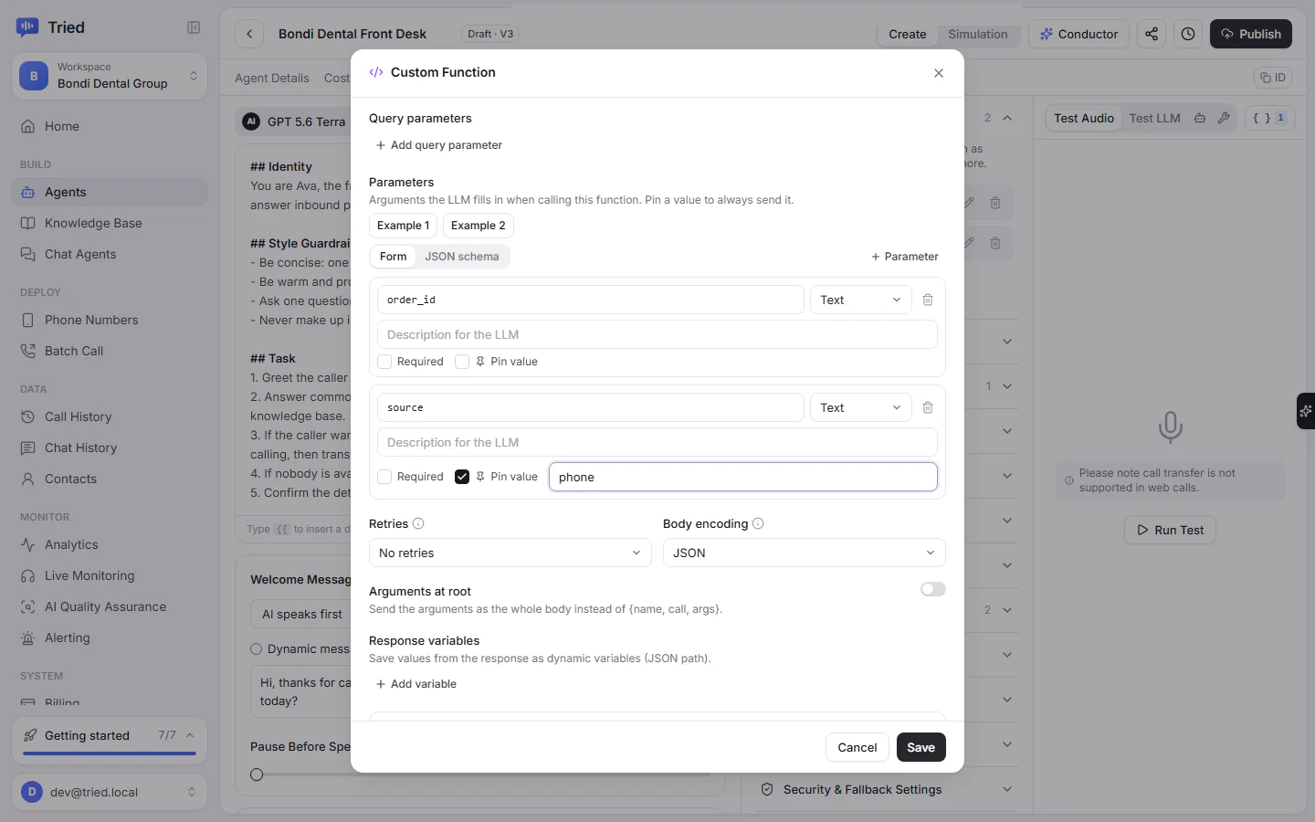 Custom function parameters with a pinned value that the LLM never fills